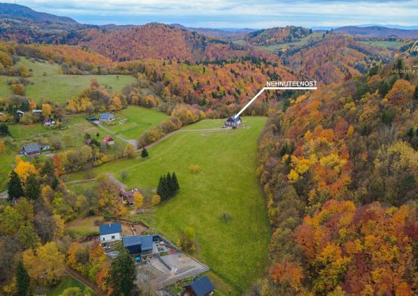 Krásna chata pod lesom s veľkým pozemkom.